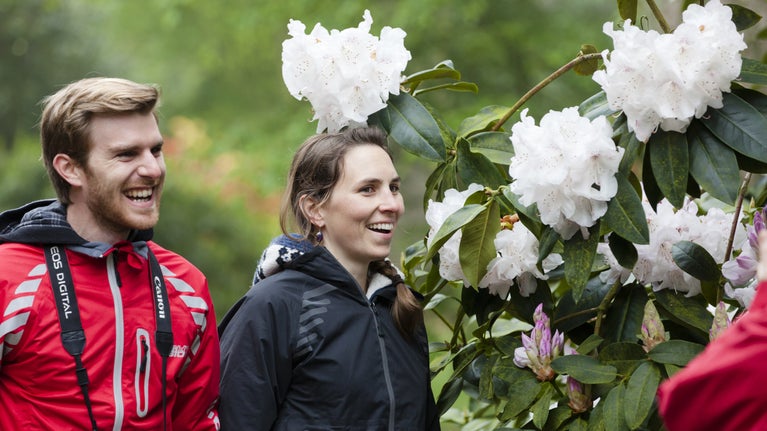 Visitors standing by a rhododendron bush at Sheringham Park, Norfolk